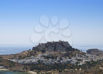 View at Lindos town and acropolis. Rhodes island, Greece