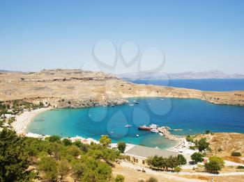 View at Lindou Bay from Lindos acropolis. Rhodes island, Greece.