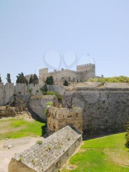 Rhodes old town walls with Grand Master's Palace in the background, Greece