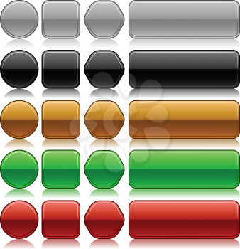 Metallic embossed blank buttons vector set in different colors and shapes.