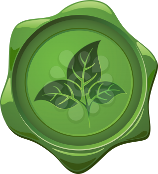 Eco sign. Green wax seal with leaves shape isolated on white.