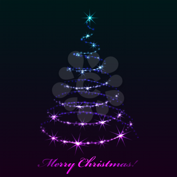 Abstract sparkling Christmas tree dark background.