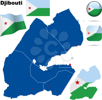 Djibouti vector set. Detailed country shape with region borders, flags and icons isolated on white background.