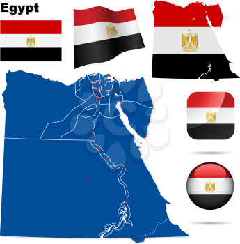 Egypt vector set. Detailed country shape with region borders, flags and icons isolated on white background.