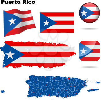 Puerto Rico vector set. Detailed country shape with region borders, flags and icons isolated on white background.