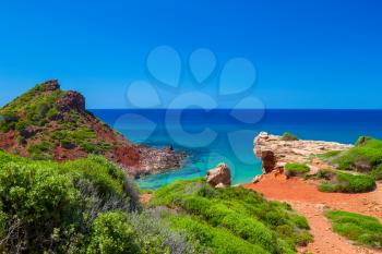 Mediterranean sea view from Menorca island coast at Cala del Pilar, Spain.