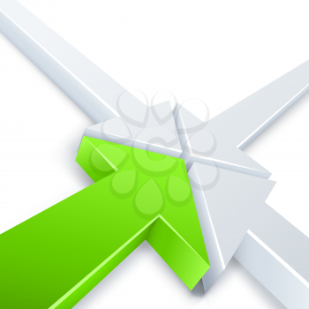 Abstract 3 white and 1 green arrows meeting in one point concept. Business vector background.