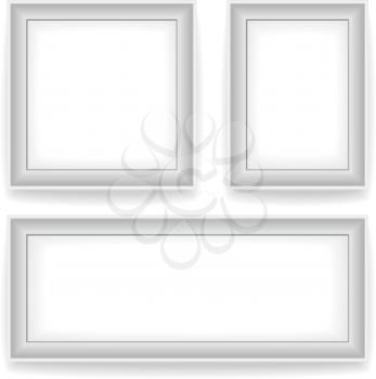 Blank white wall picture frames isolated on white background. 3 variants: square, vertical, horizontal.