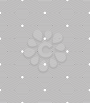 Seamless black and white hexagonal lines vector pattern.