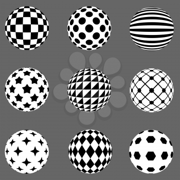 Black and white flat design patterned sphere vector design elements.