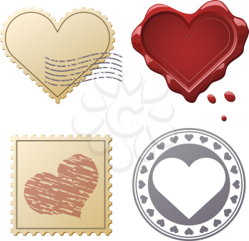 Valentine postage set with stamps and seals isolated on white background.