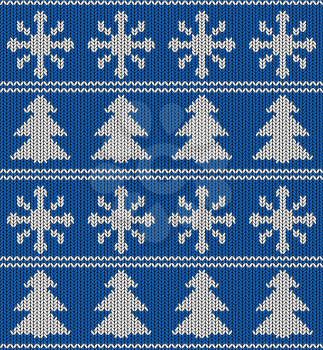Seamless blue and white knitted vector pattern with snowflake and Christmas tree shapes.