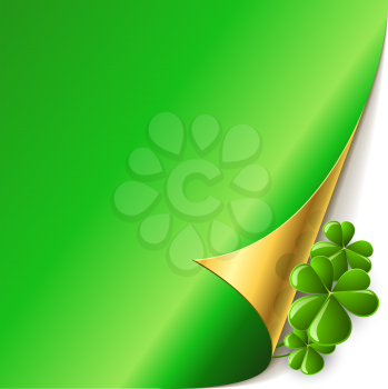 Green page corner with shamrock leaves St. Patricks Day vector card.