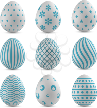 Easter eggs vector set with blue patterns.