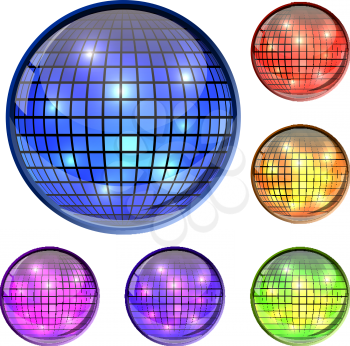 Color glass disco ball 3D vector icons isolated on white background.