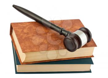 Royalty Free Photo of a Top View of a Stack of Hardcover Books and a Wooden Gavel