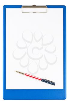 Royalty Free Photo of a Blank Clipboard and an American Flag Designed Pen