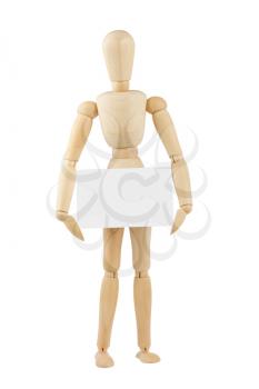 Royalty Free Photo of a Wooden Mannequin Holding a Blank Card