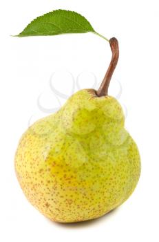 Royalty Free Photo of a Single Fresh Pear with a Leaf