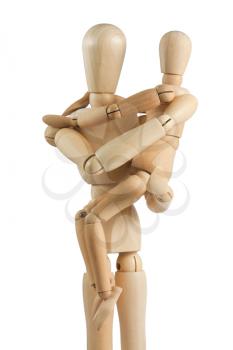 Royalty Free Photo of a Wooden Mannequin Parent Holding a Child