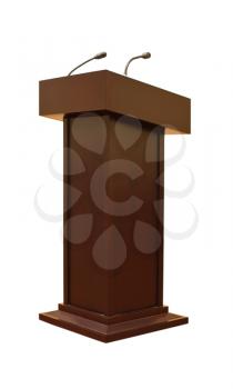 Royalty Free Photo of a Wooden Podium with Two Microphones