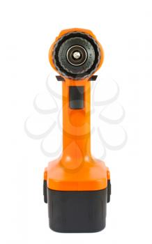 Orange cordless drill front view, isolated on white background