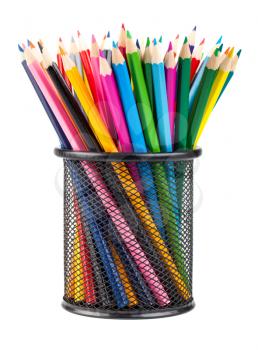 Various color pencils set  in black container isolated on white background