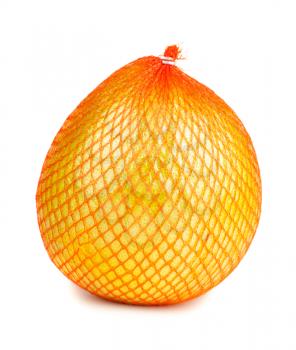 Wrapped in plastic reticle ripe pomelo isolated on white background
