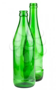 Pair of empty green bottles isolated on a white background
