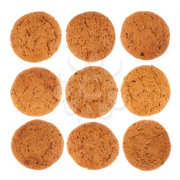 Fresh oatmeal cookies top view collection isolated on white background