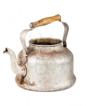 Old aluminum kettle with wooden handle isolated on white background