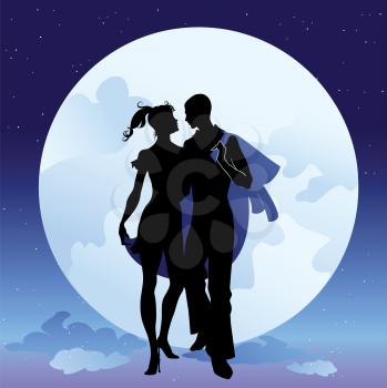 Royalty Free Clipart Image of a Couple Walking by the Moon