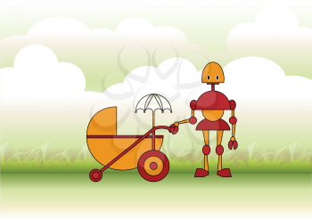 Royalty Free Clipart Image of a Robot Mother Pushing a Stroller