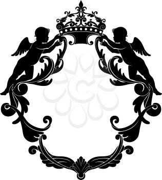 Royalty Free Clipart Image of a Decorative Shield With Angels