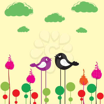 Royalty Free Clipart Image of Birds in a Garden