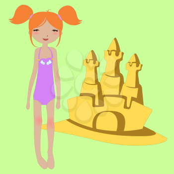 Royalty Free Clipart Image of a Girl With a Sandcastle