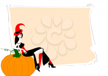 Royalty Free Clipart Image of a Woman Sitting on a Pumpkin