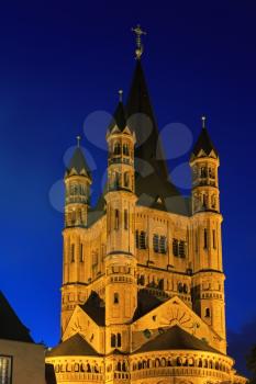 Saint Martin church in Cologne with illumination at night, Germany
