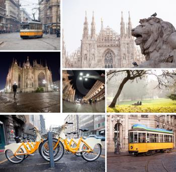 Milano streets with cathedral, vintage tram, bicycles collage
