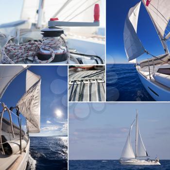 Collage of sailing boat stuff: winch with rope, yacht crop, sailboat in the sea
