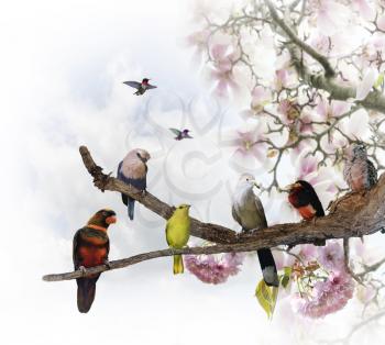 Tropical Birds Perching On A Blossoming Tree