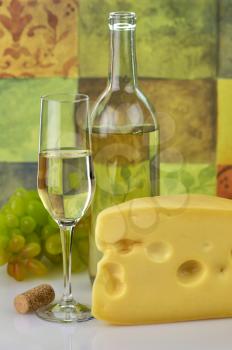 Wine ,grape and cheese , close up shot