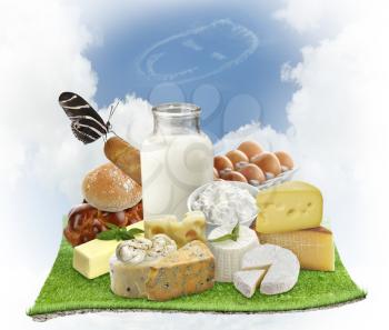 Dairy Products And Eggs On Green Grass