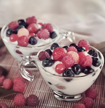 Two Cups Of Yogurt With Berries,close up