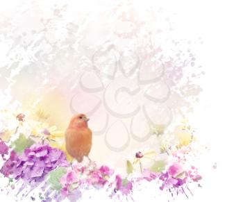  Yellow Bird with flowers watercolor