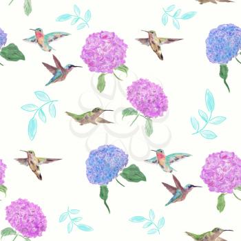 seamless  pattern with flowers and hummingbirds watercolor on white background