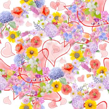 seamless  pattern with flowers and hearts