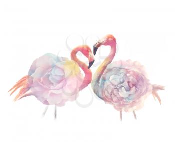 flamingo birds with flowers , watercolor painting