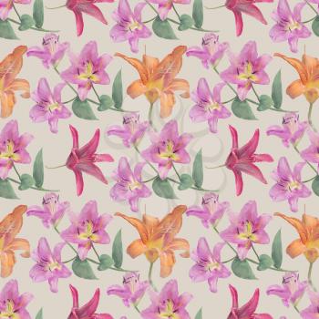 Seamless floral design with lily  flowers for background, Endless pattern.Watercolor illustration.