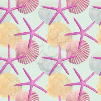 Seamless  design with Sea Shells and Sea Stars for background, Endless pattern.